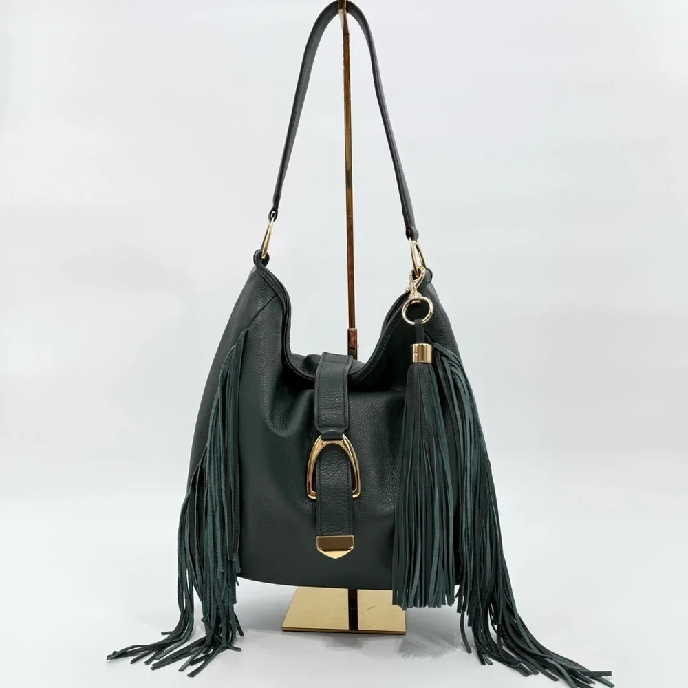 Gilli Genuine Leather Fringe Shoulder Bag – Green Hobo Tote with Tassel Detail